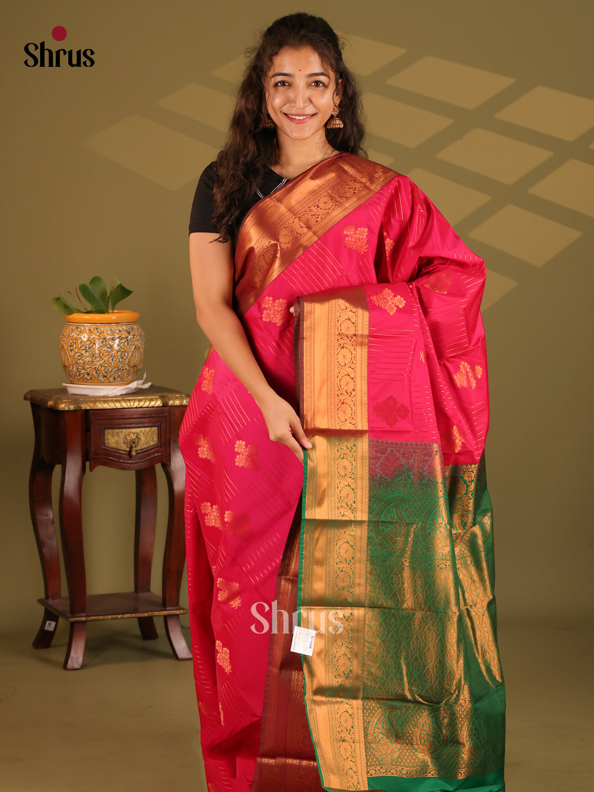 Pink with Green- Semi Kanchipuram Saree - Shop on Shrus.com