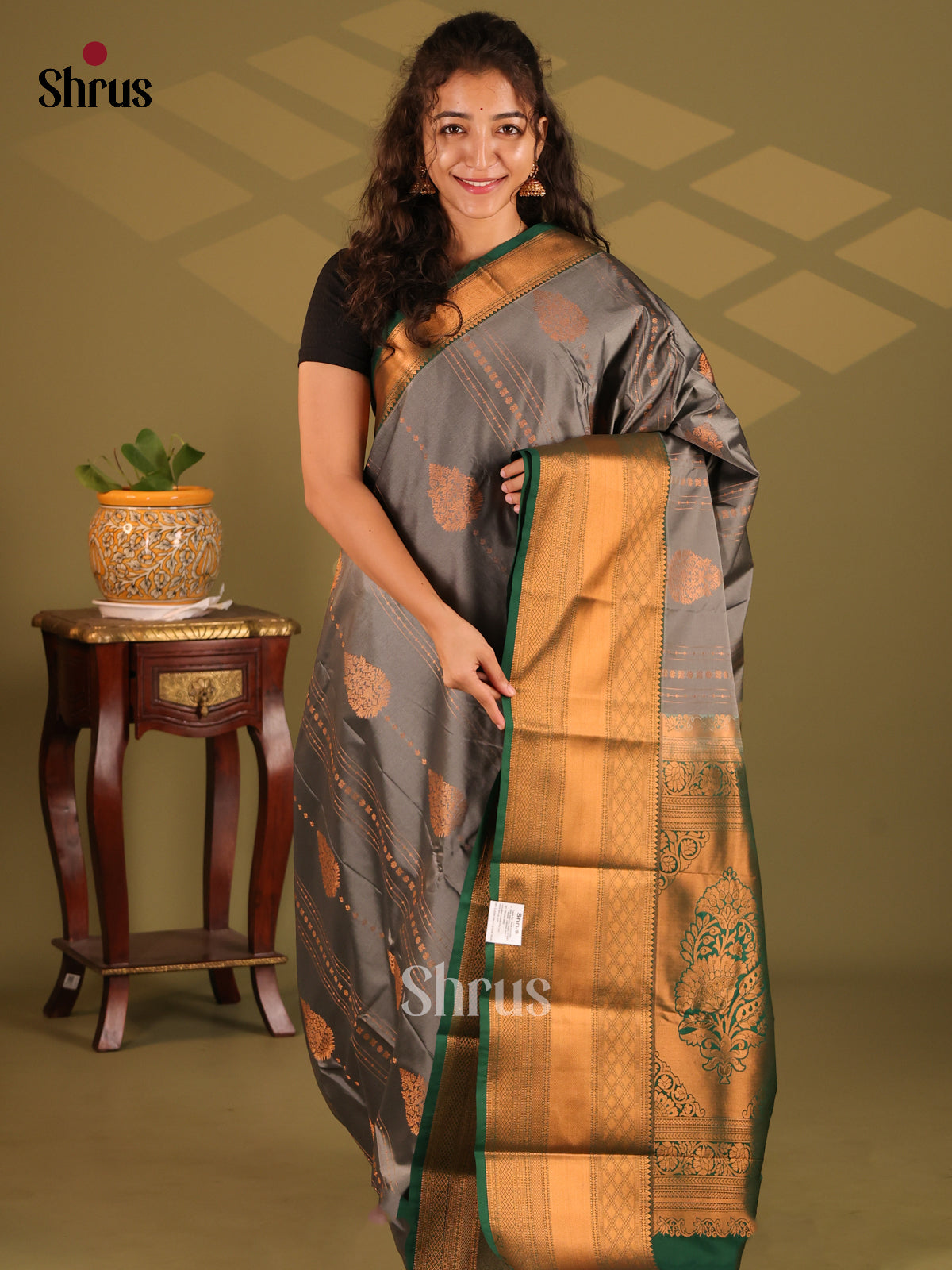 Grey with Green- Semi Kanchipuram Saree - Shop on Shrus.com