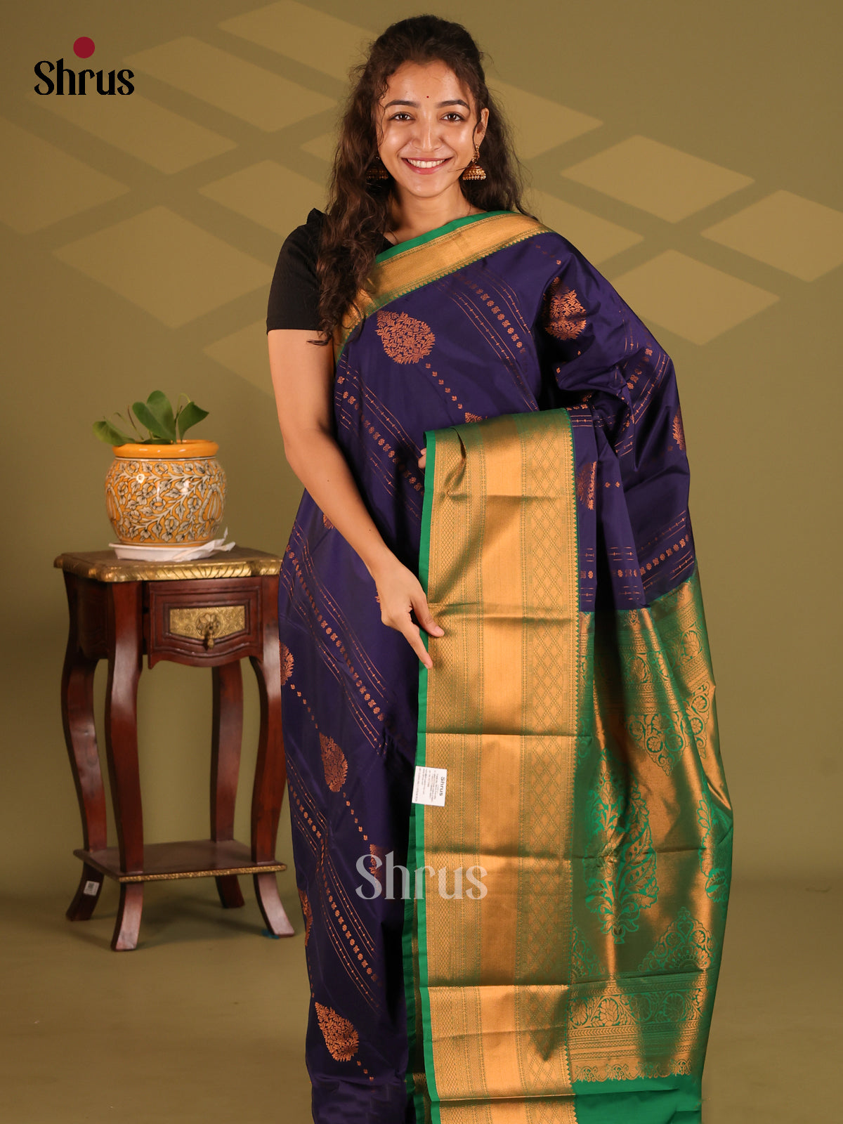 Blue with Green- Semi Kanchipuram Saree - Shop on Shrus.com