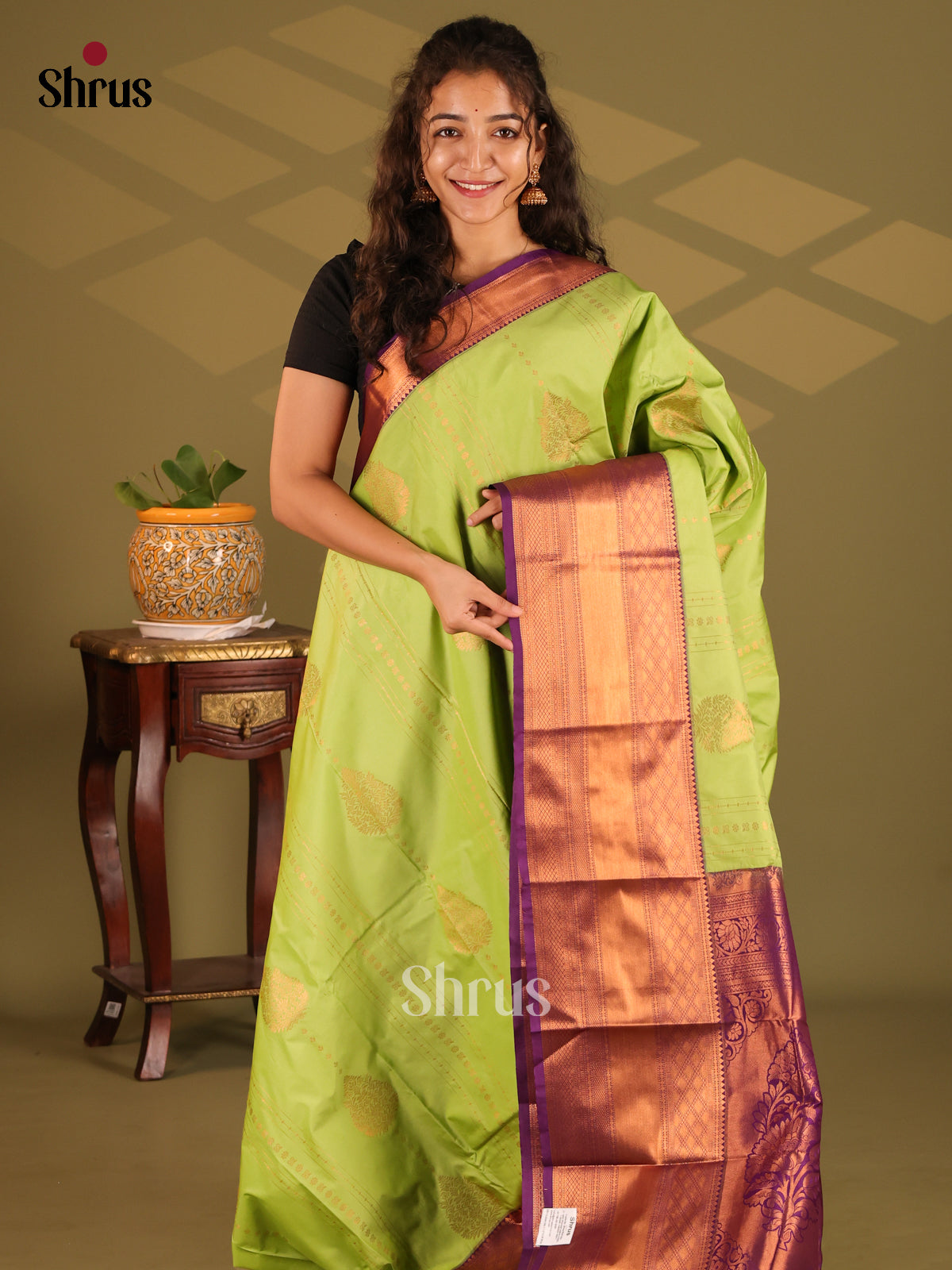 Lite Green with Purple- Semi Kanchipuram Saree - Shop on Shrus.com