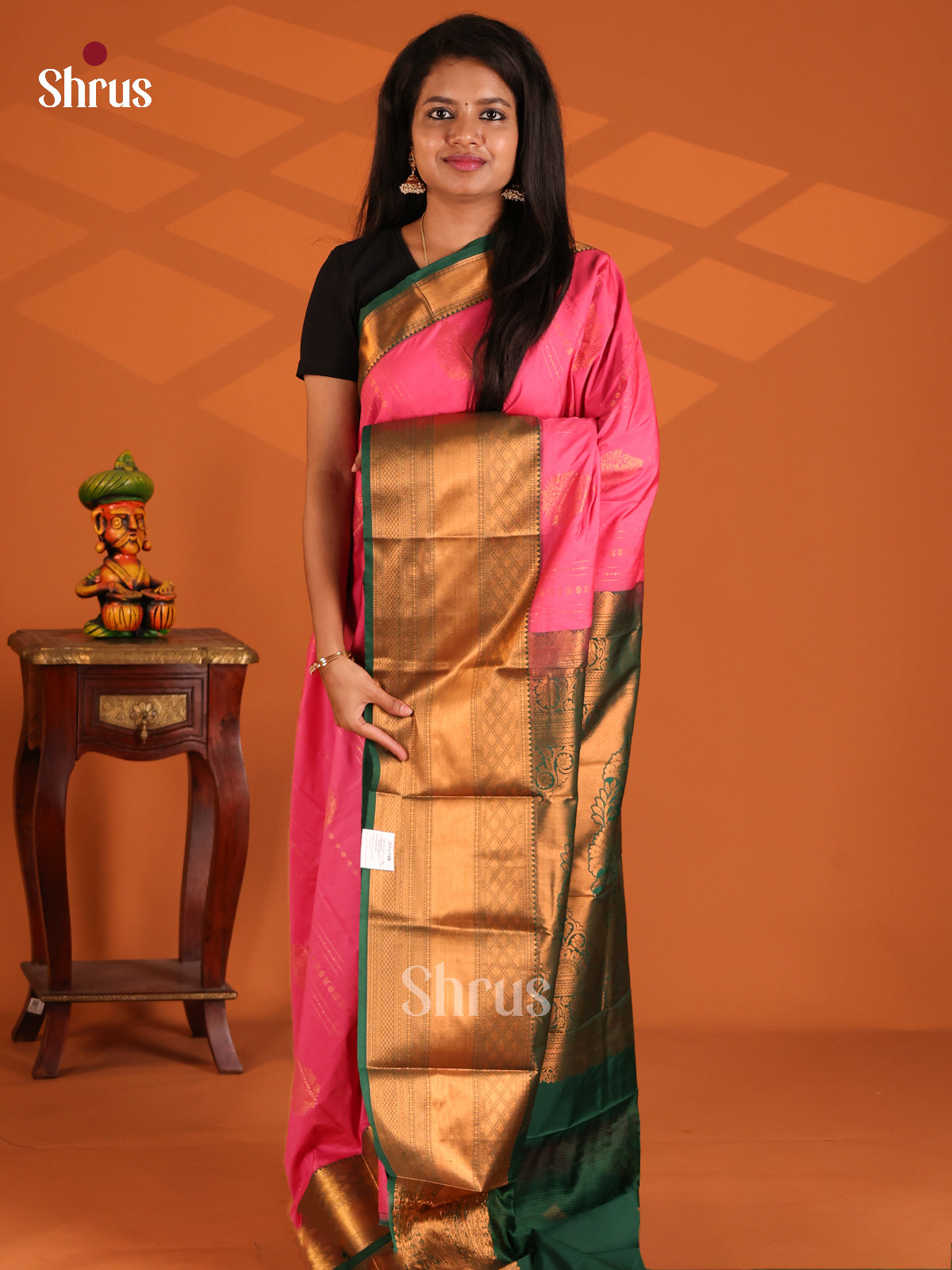 Pink with Green - Semi Kanchipuram Saree - Shop on Shrus.com