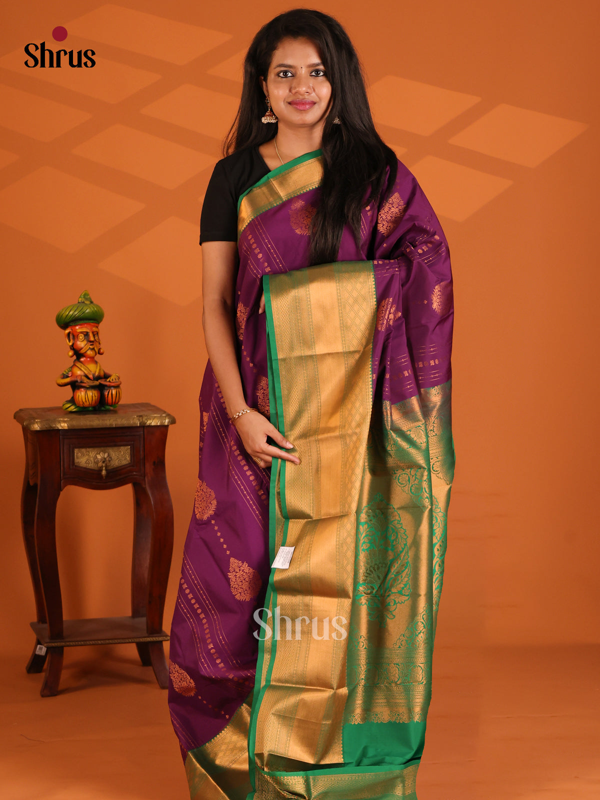 Violet with Green - semi Kanchipuram saree - Shop on Shrus.com