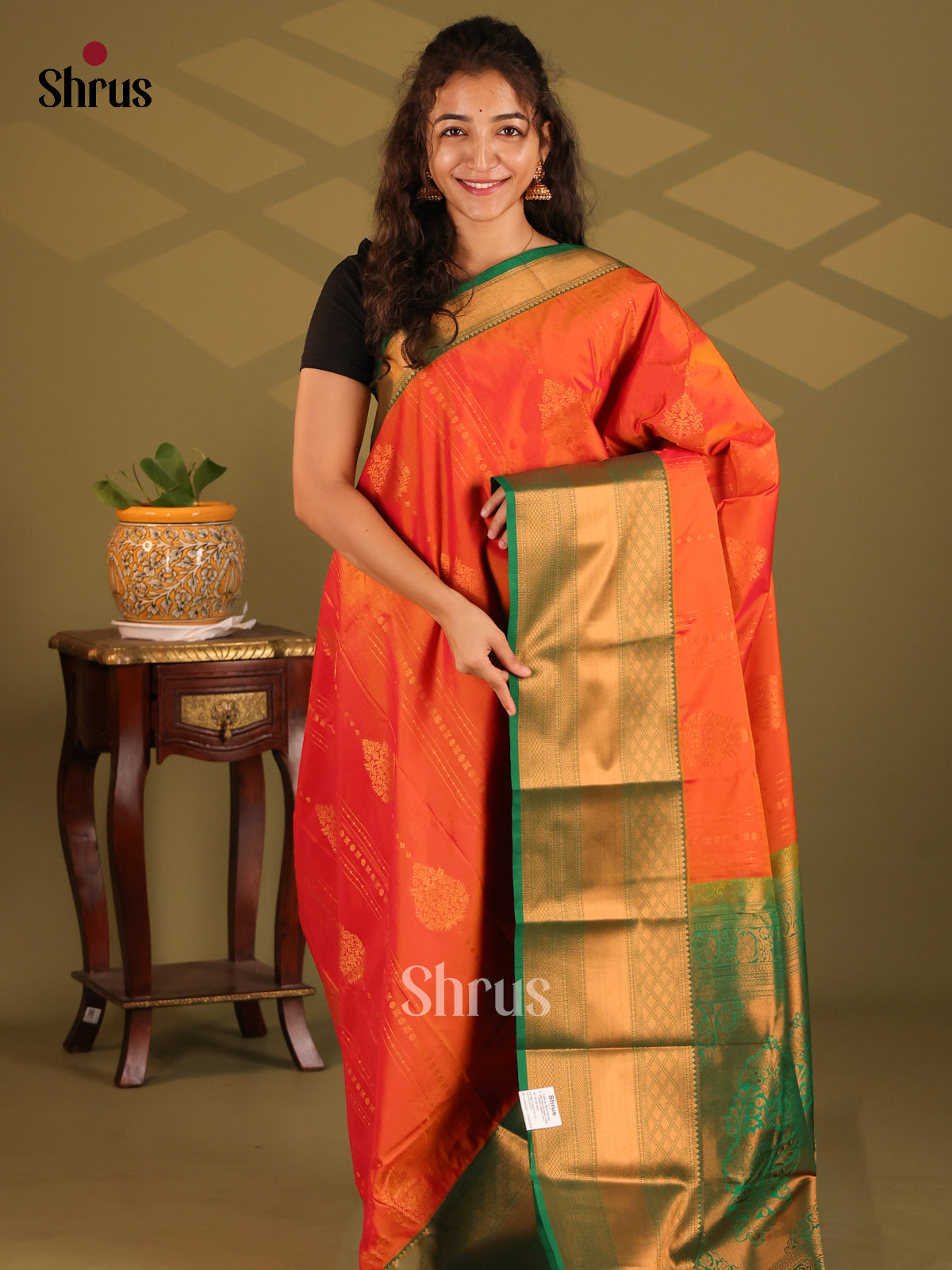 Orange with Green- Semi Kanchipuram Saree - Shop on Shrus.com