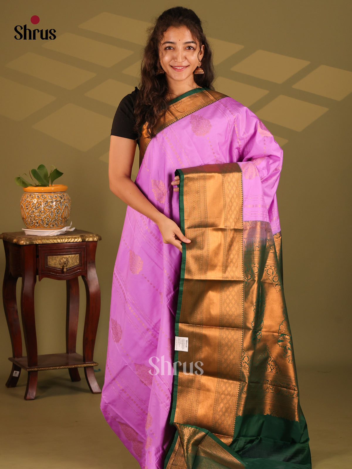 Pink with Green- Semi Kanchipuram Saree - Shop on Shrus.com
