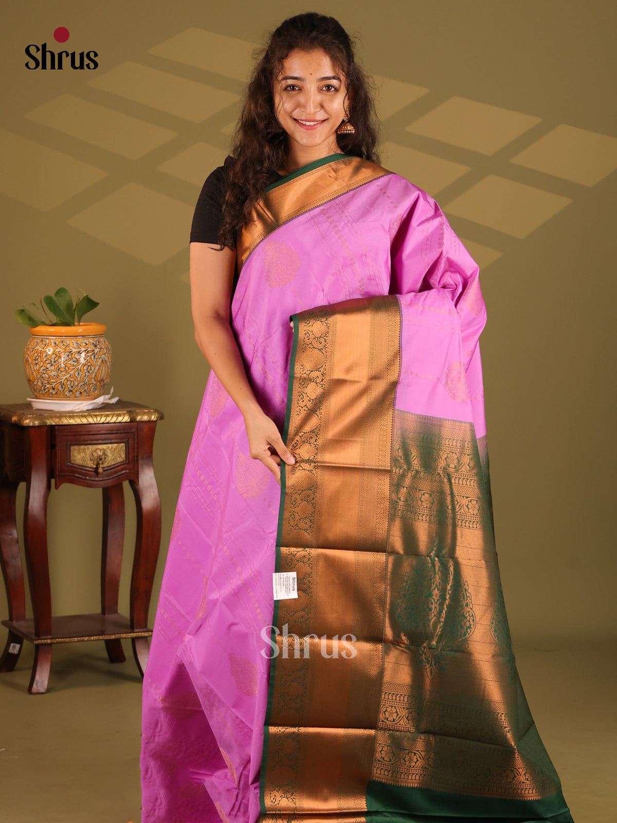 Pink with Green- Semi Kanchipuram Saree - Shop on Shrus.com