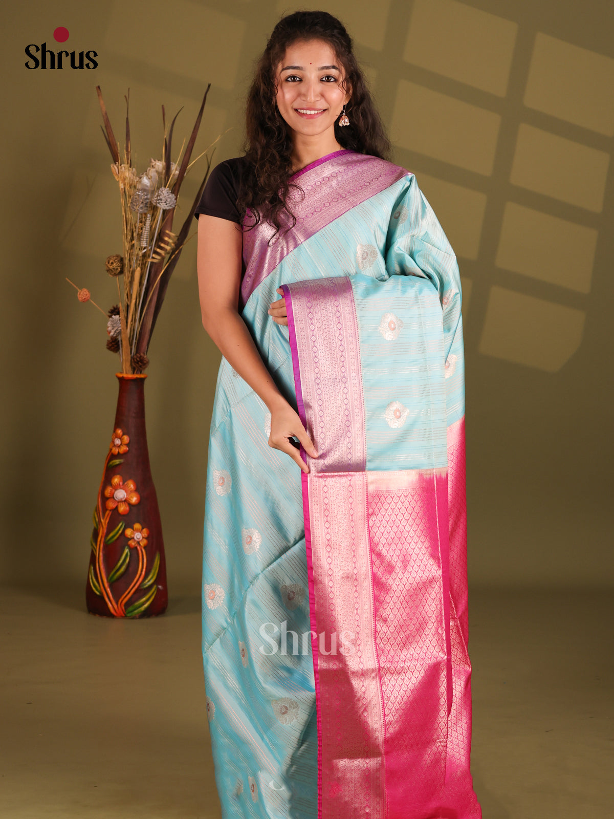 Pastel Blue & Pink - Semi Softsilk Saree - Shop on Shrus.com
