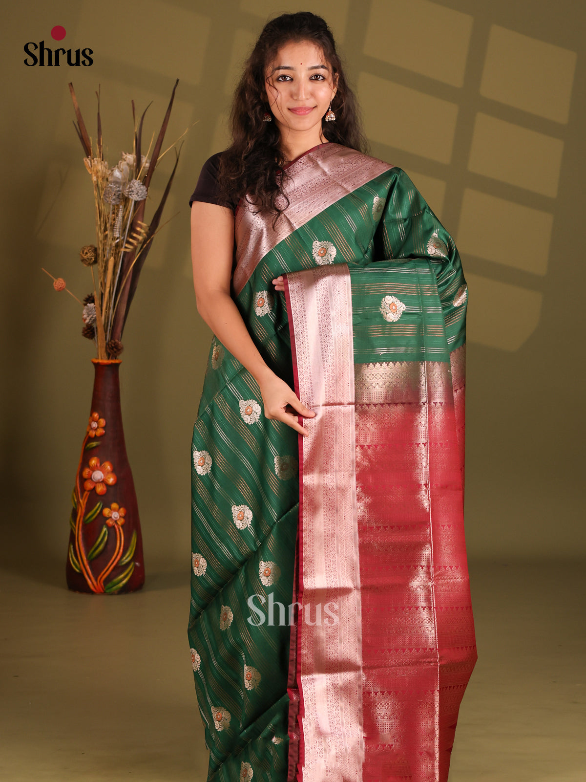 Green & Maroon- Semi Softsilk Saree - Shop on Shrus.com