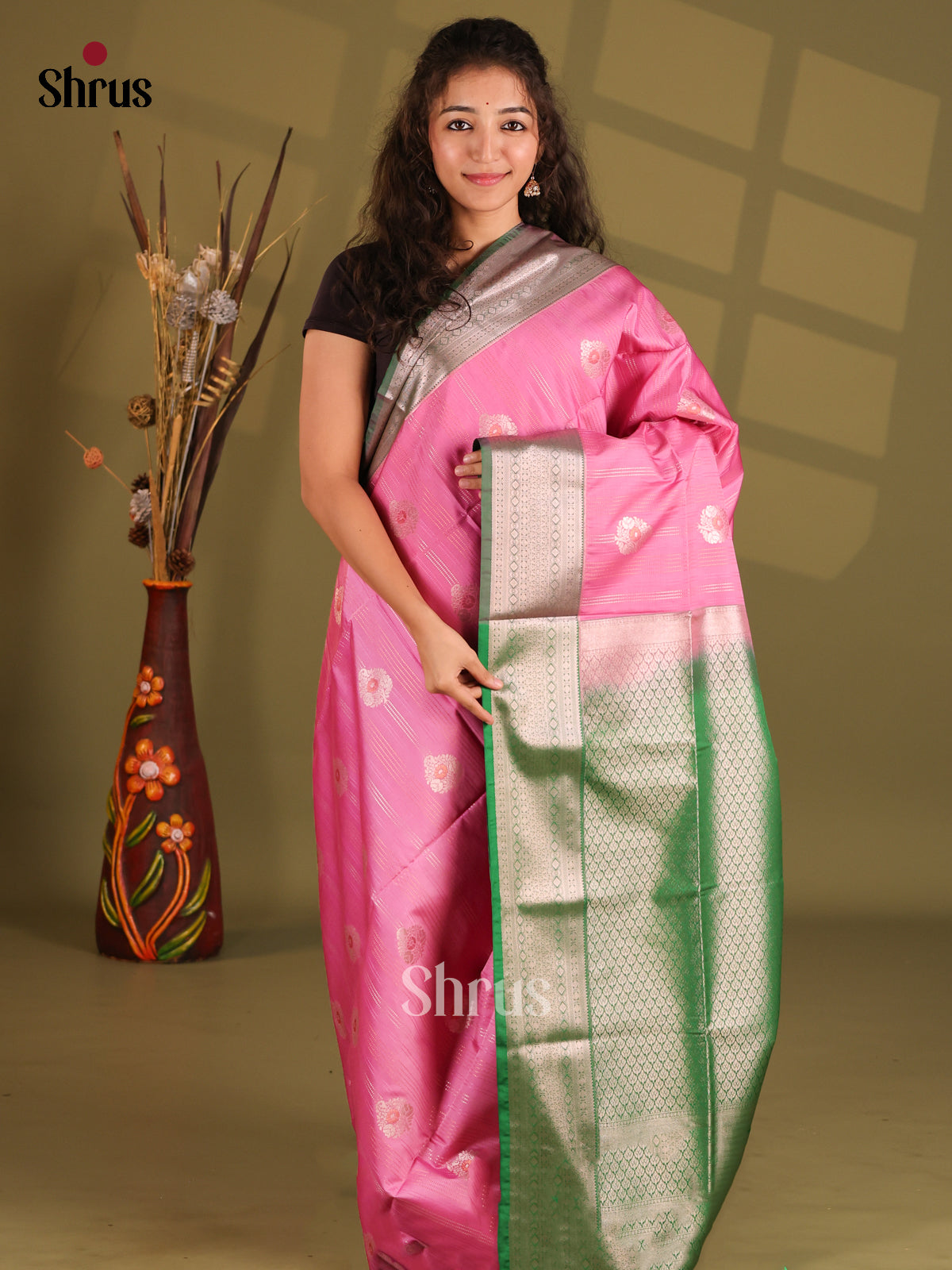 Pink & Green - Semi Softsilk Saree - Shop on Shrus.com