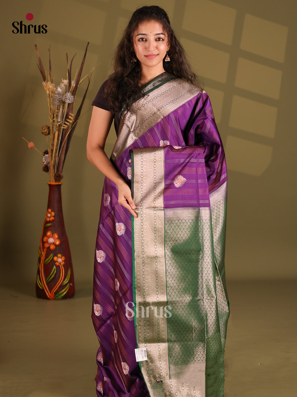 Violet & Green - Semi Softsilk Saree - Shop on Shrus.com