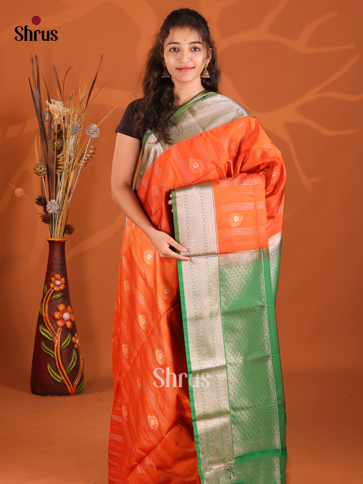 Orange & Green - Semi Softsilk Saree - Shop on Shrus.com