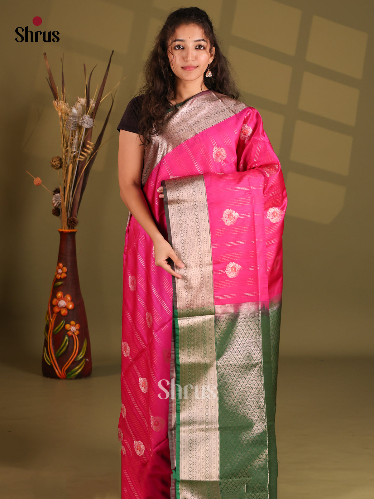 Pink & Green - Semi Softsilk Saree - Shop on Shrus.com