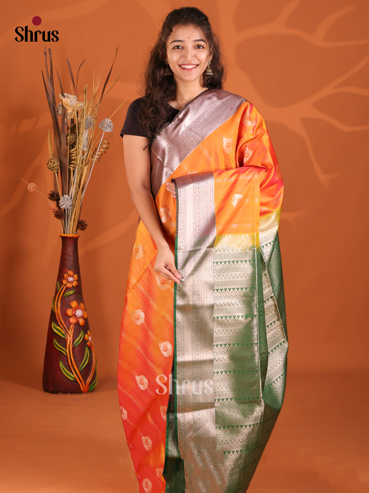 Orange & Green- Semi Softsilk Saree - Shop on Shrus.com