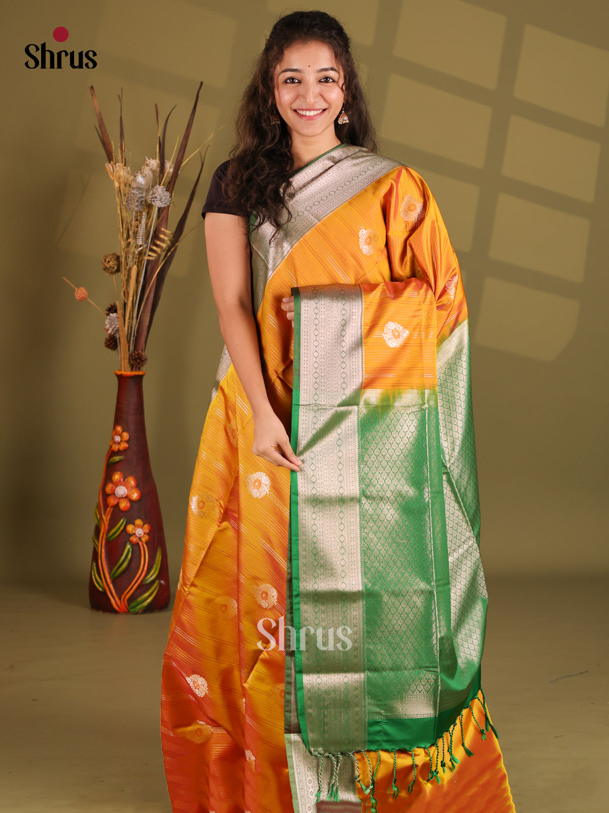 Orange & Green - Semi Softsilk Saree - Shop on Shrus.com
