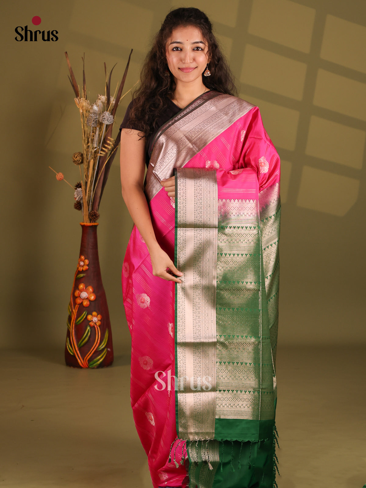 Pink & Green - Semi Softsilk Saree - Shop on Shrus.com
