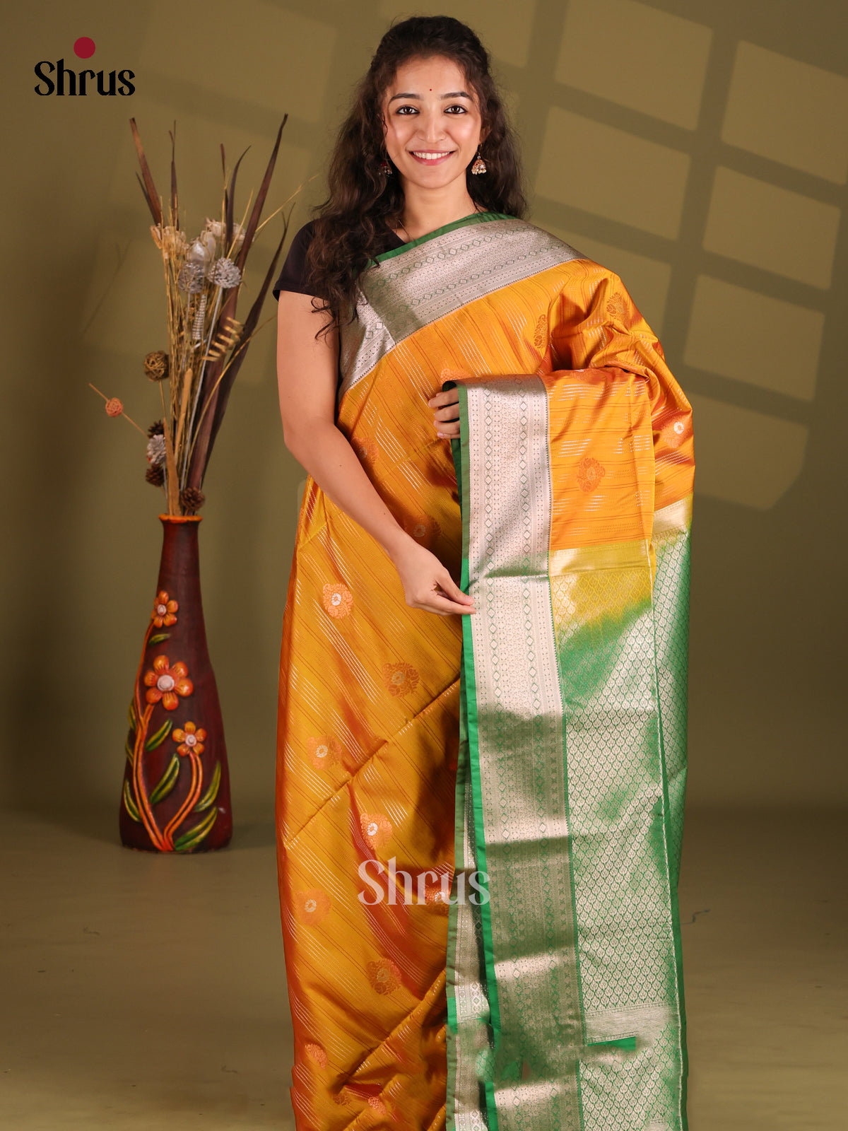 Orange & Green - Semi Softsilk Saree - Shop on Shrus.com