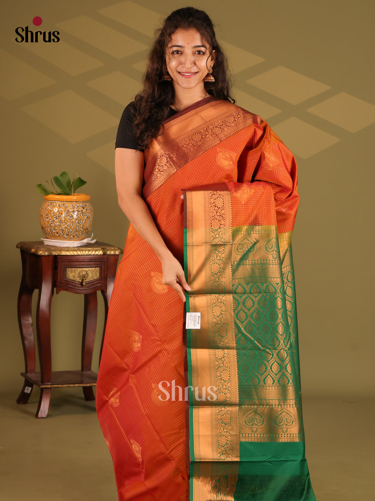 Orange with Green - Semi Kanchipuram Saree - Shop on Shrus.com