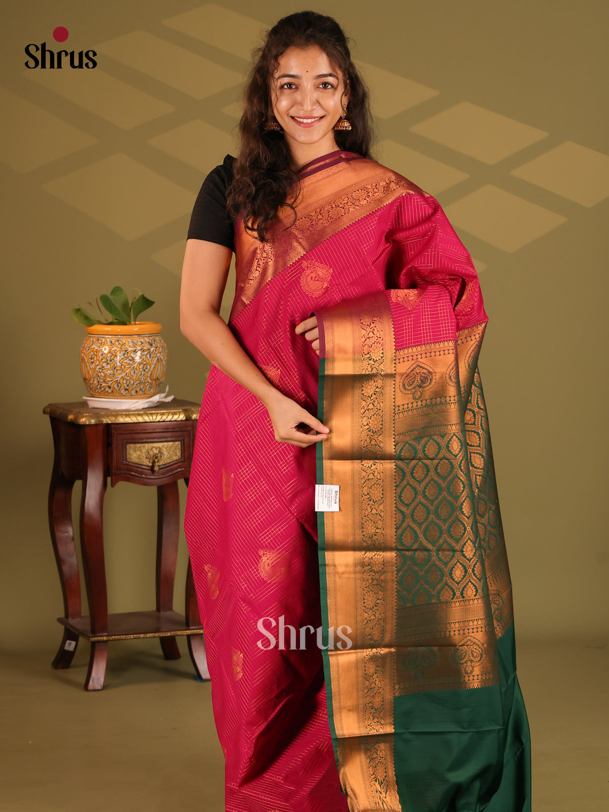 Maroon with Green - Semi Kanchipuram Saree - Shop on Shrus.com