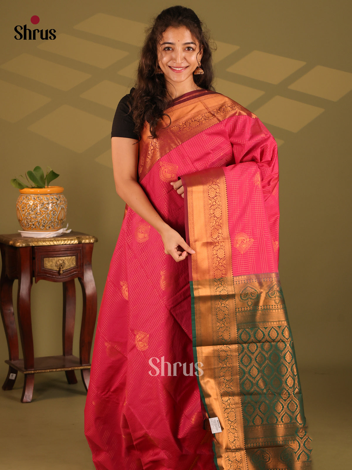 Pink with Green- Semi Kanchipuram Saree - Shop on Shrus.com