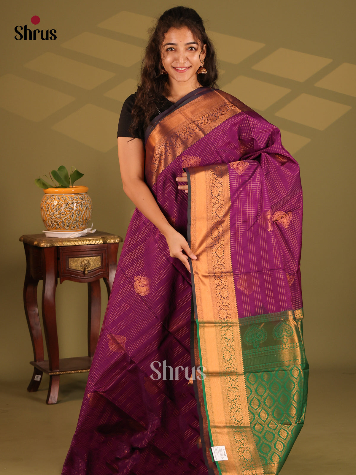 Violet with Green- Semi Kanchipuram Saree - Shop on Shrus.com