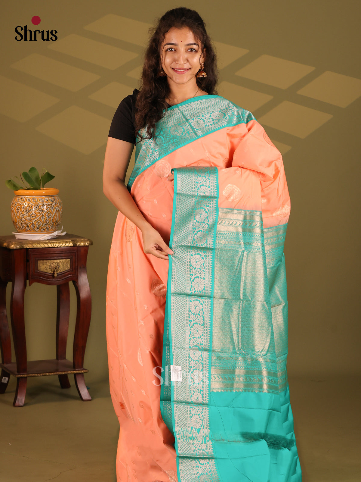 Peach with Teal - Semi Kanchipuram Saree - Shop on Shrus.com