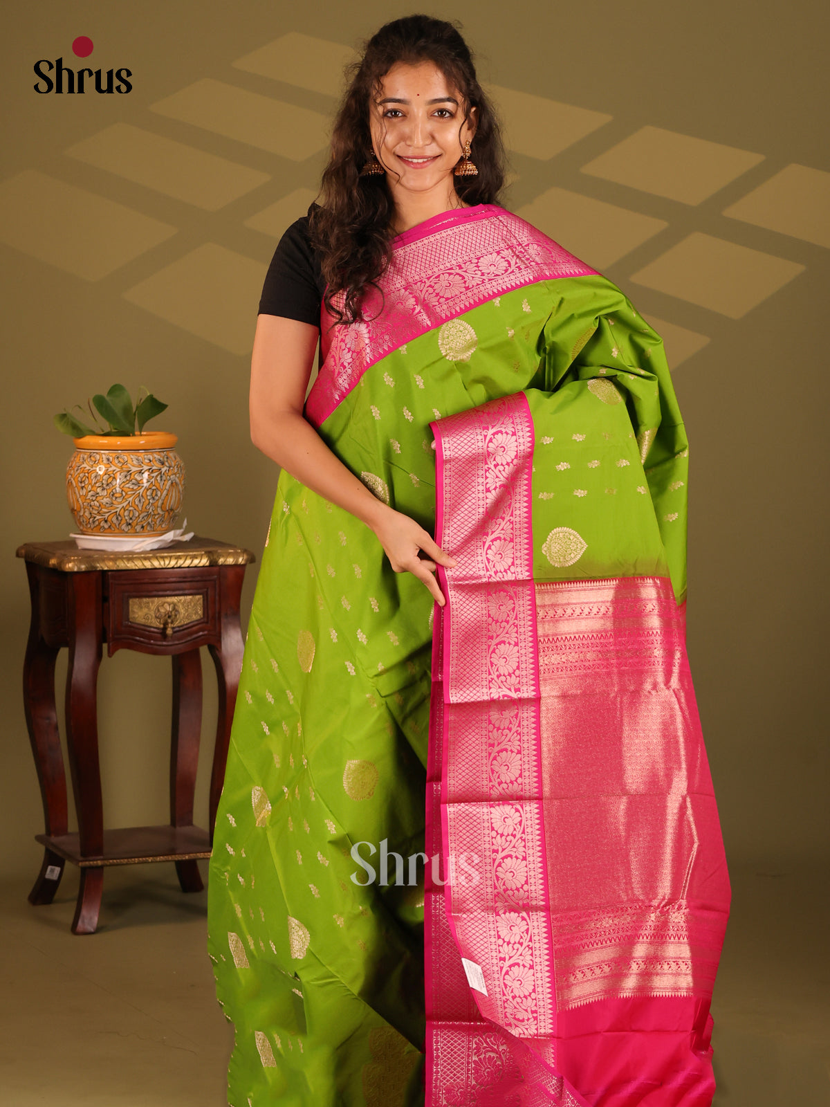 Parrot Green with Maroon- Semi Kanchipuram Saree - Shop on Shrus.com