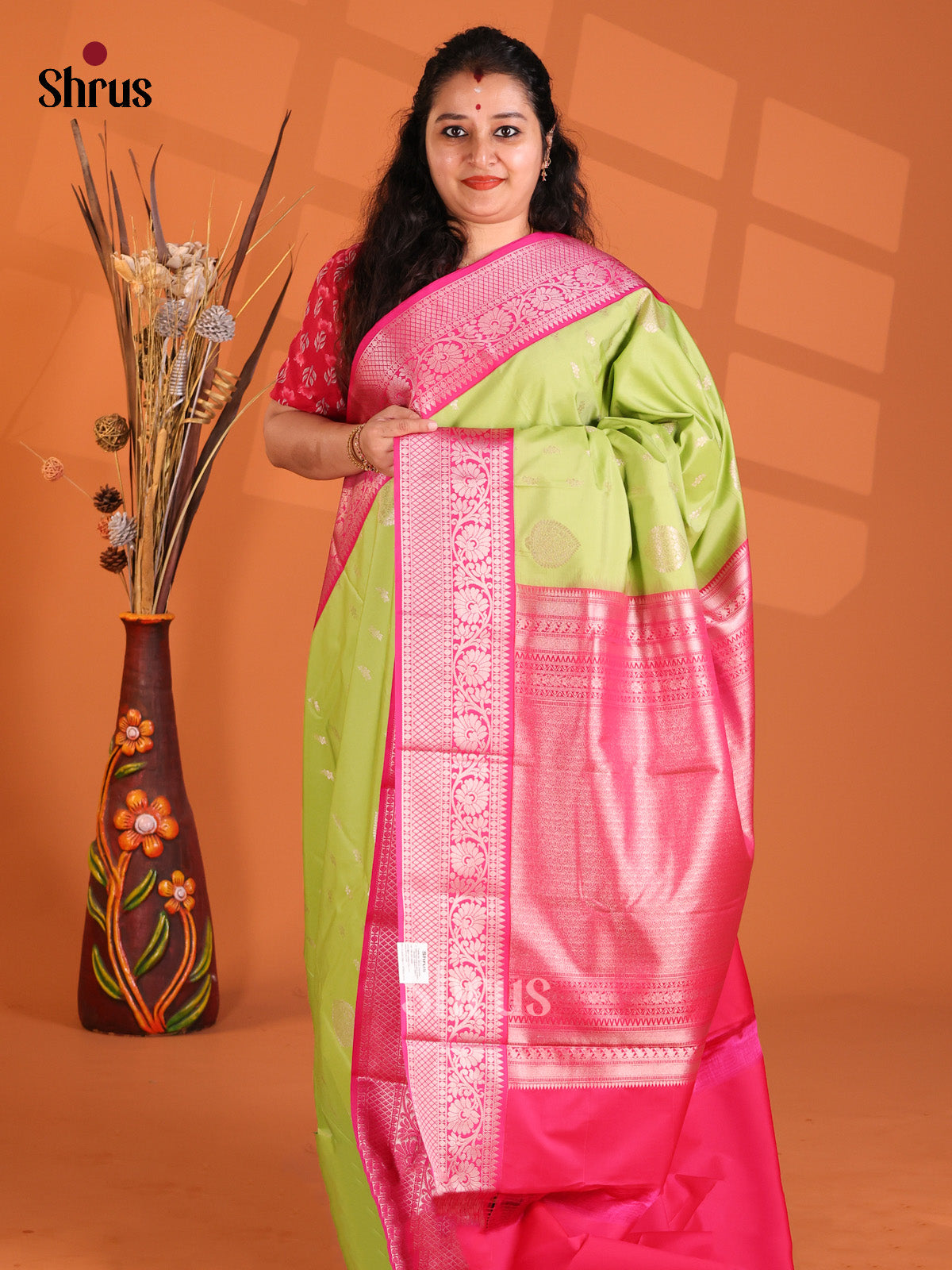 Pista Green with Maroon - Semi Kanchipuram Saree - Shop on Shrus.com