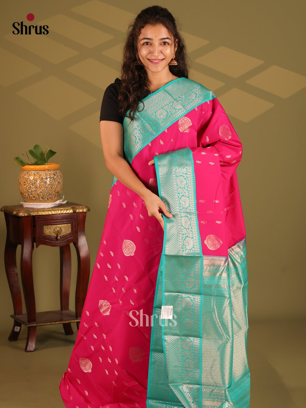 Pink with Teal- Semi Kanchipuram Saree - Shop on Shrus.com