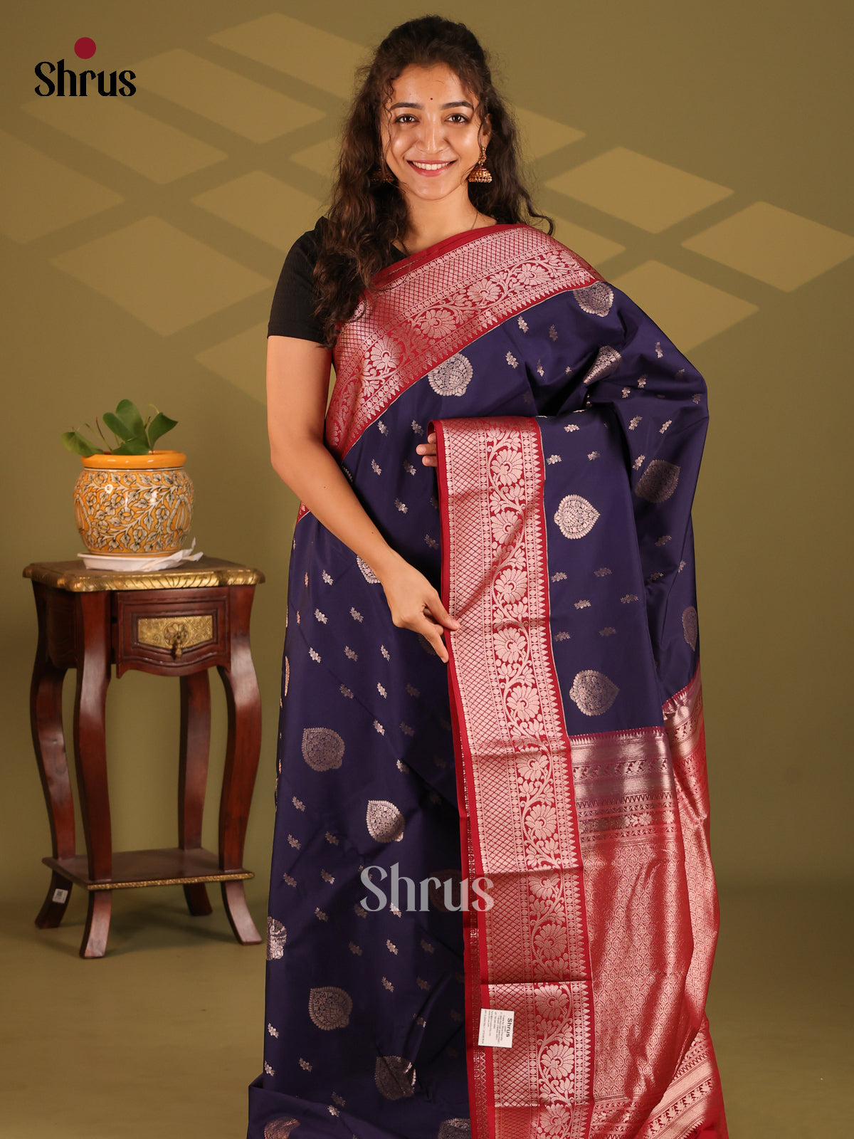 Blue with Maroon - Semi Kanchipuram Saree - Shop on Shrus.com