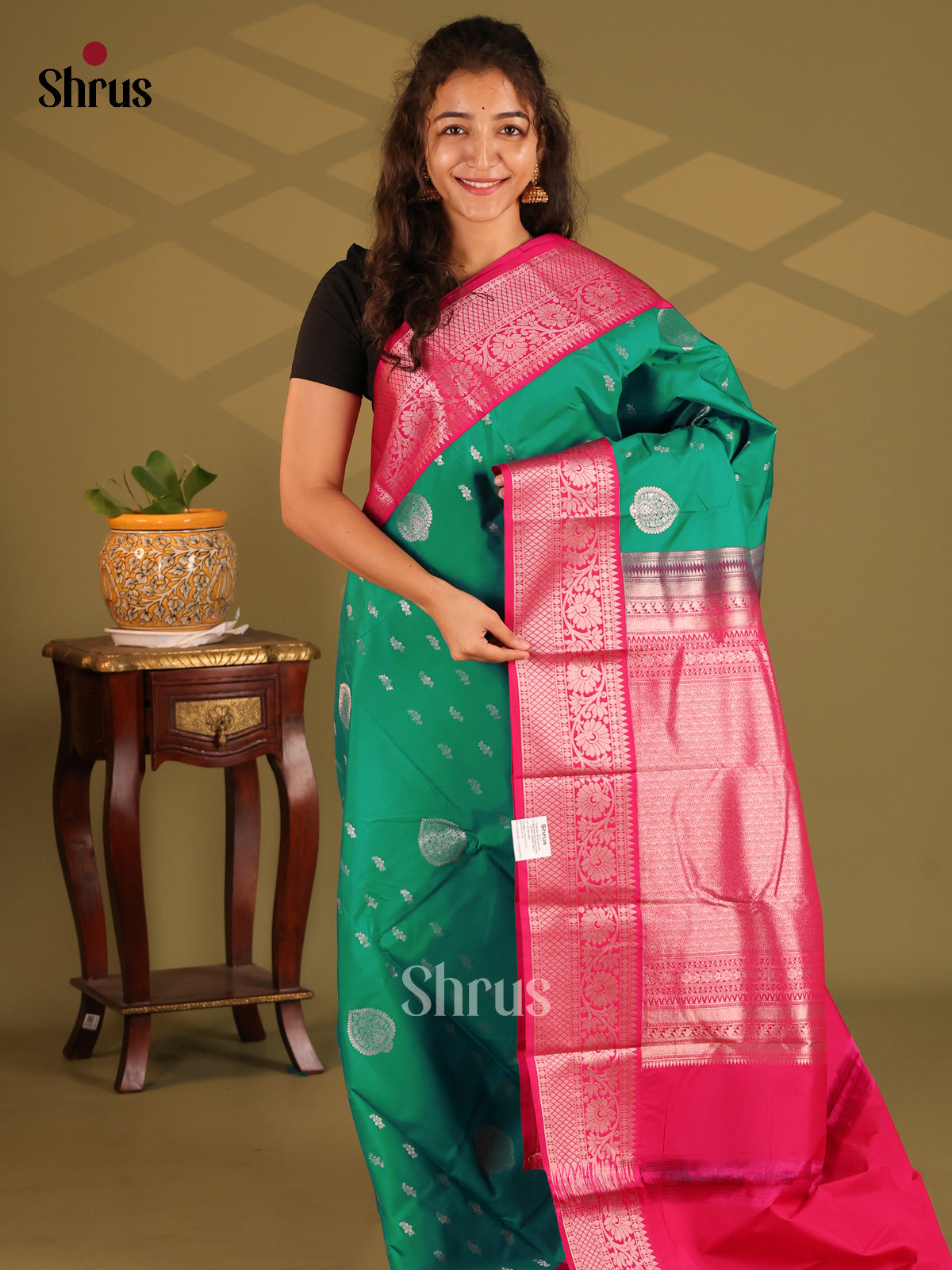 Green with Pink- Semi Kanchipuram Saree - Shop on Shrus.com
