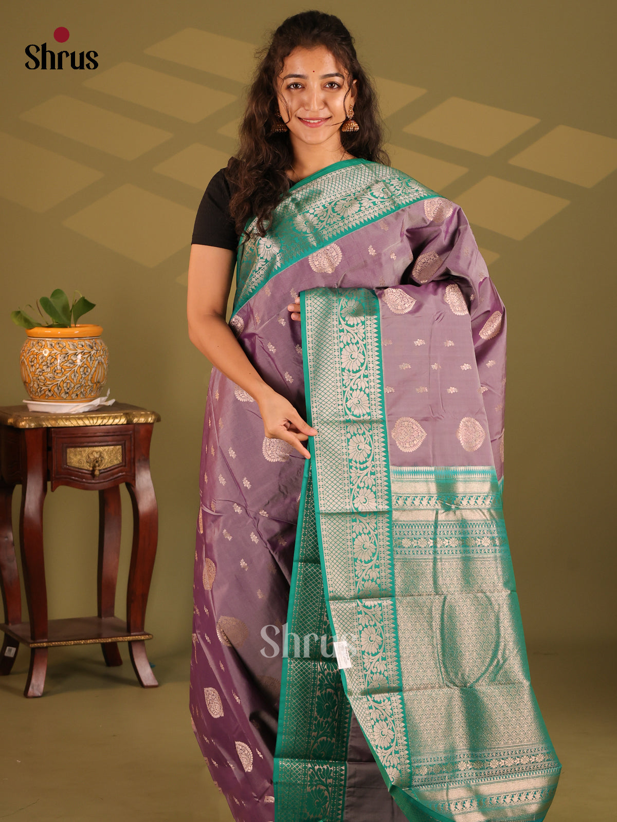 Lavender with Teal - Semi Kanchipuram Saree - Shop on Shrus.com