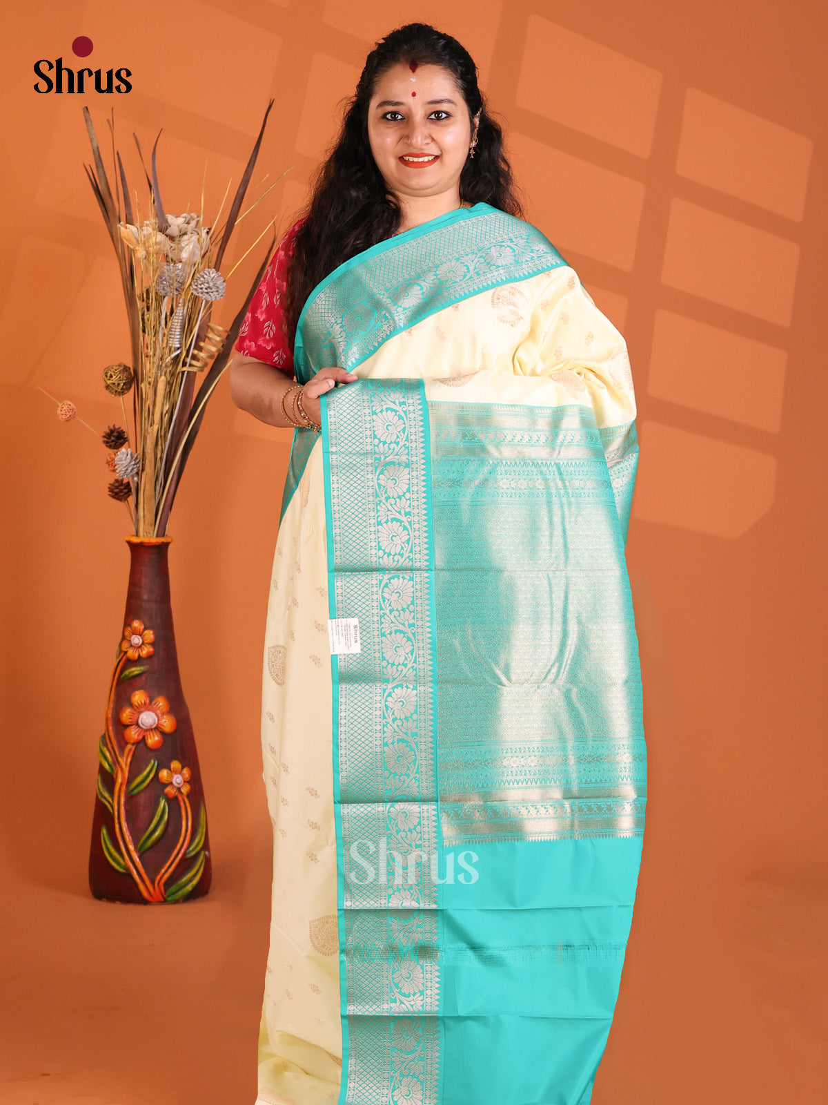 Cream with Teal - Semi Kanchipuram Saree - Shop on Shrus.com