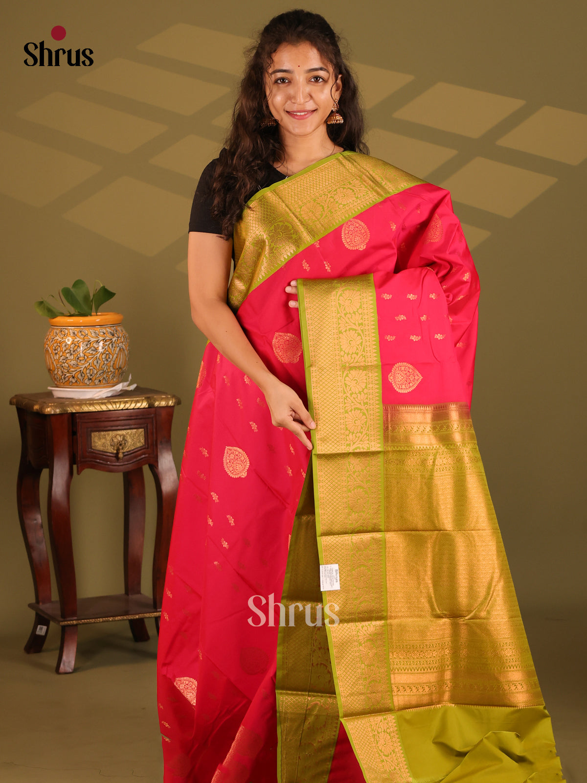 Pink with Green- Semi Kanchipuram Saree - Shop on Shrus.com