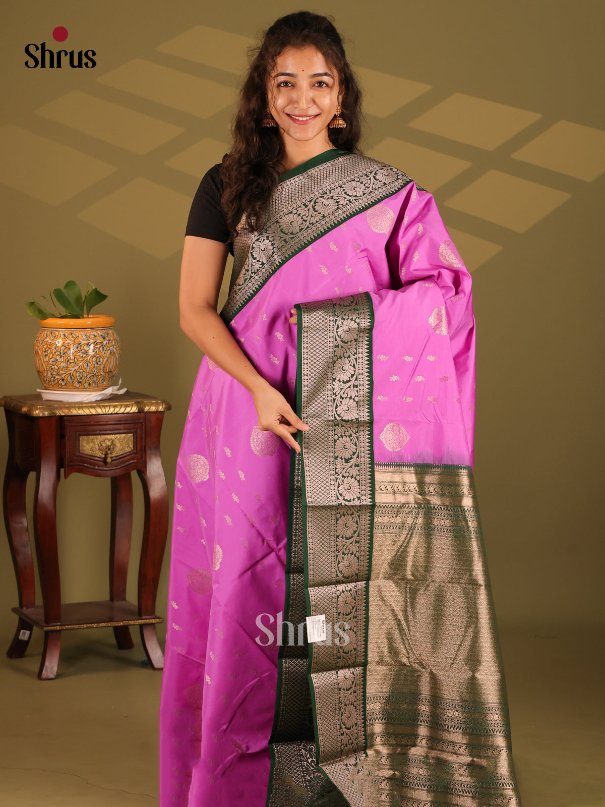Pink with Green - Semi Kanchipuram Saree - Shop on Shrus.com