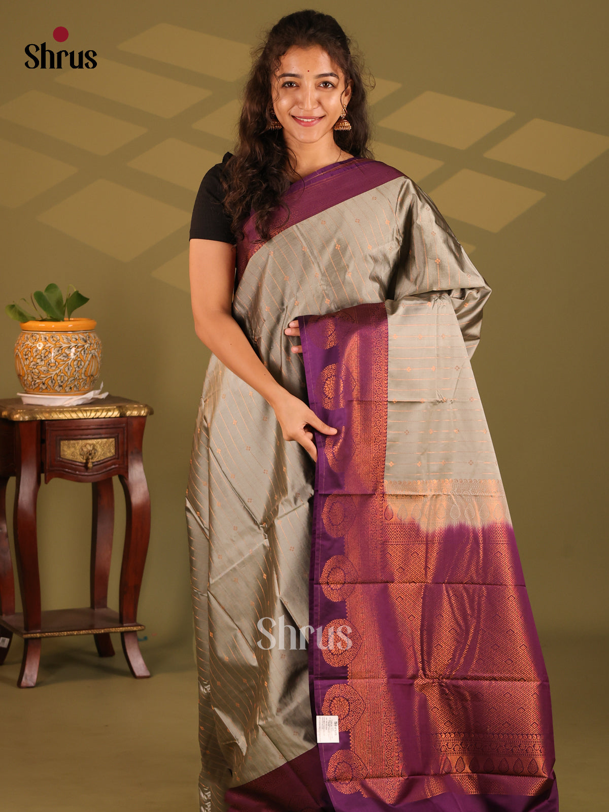 Grey with Violet- Semi Kanchipuram Saree - Shop on Shrus.com