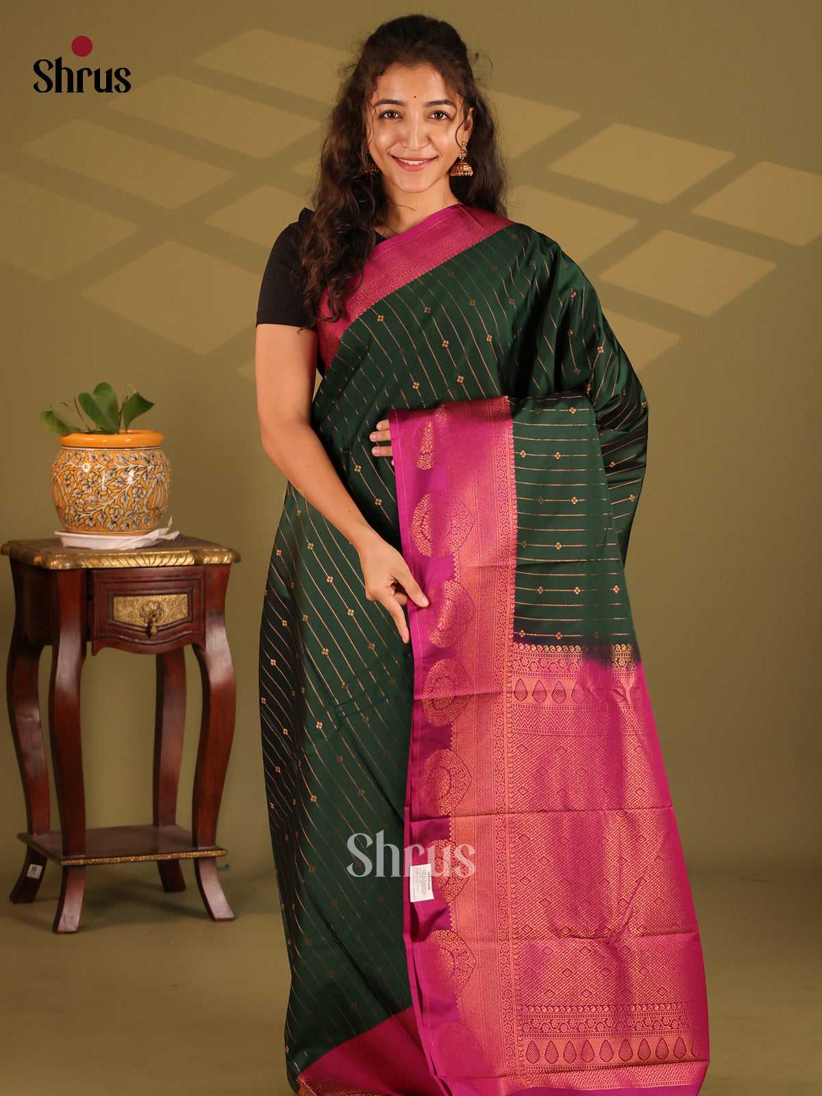 Dark Green with Purple- Semi Kanchipuram Saree - Shop on Shrus.com