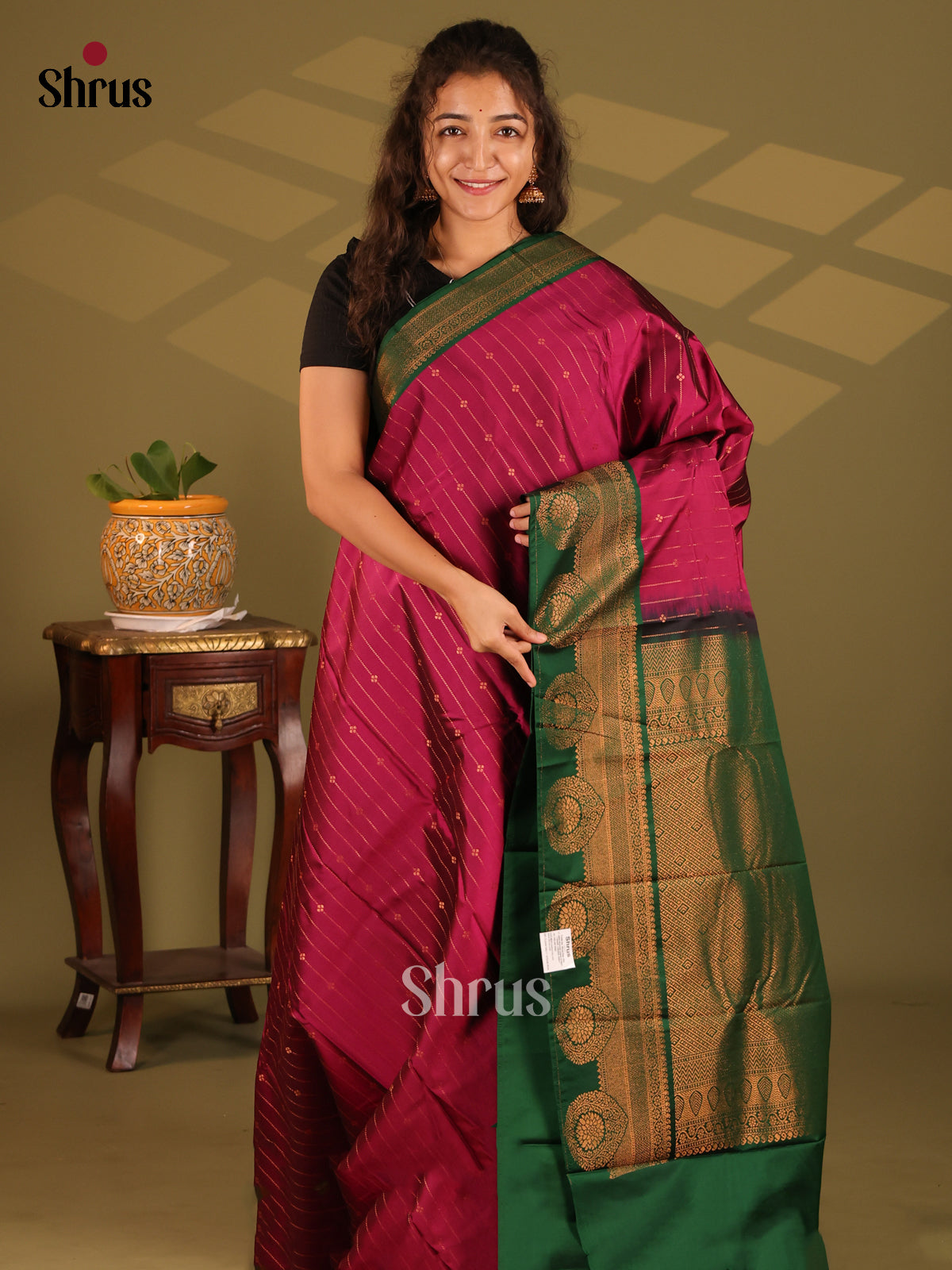 Purple with Green - Semi Kanchipuram Saree - Shop on Shrus.com