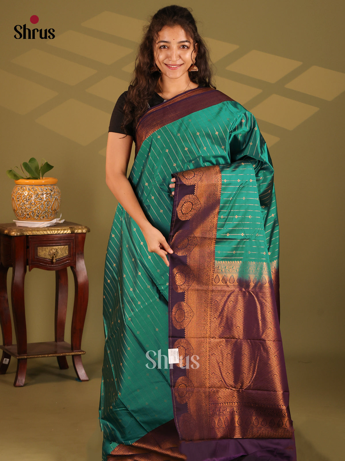 Green with Violet- Semi Kanchipuram Saree - Shop on Shrus.com