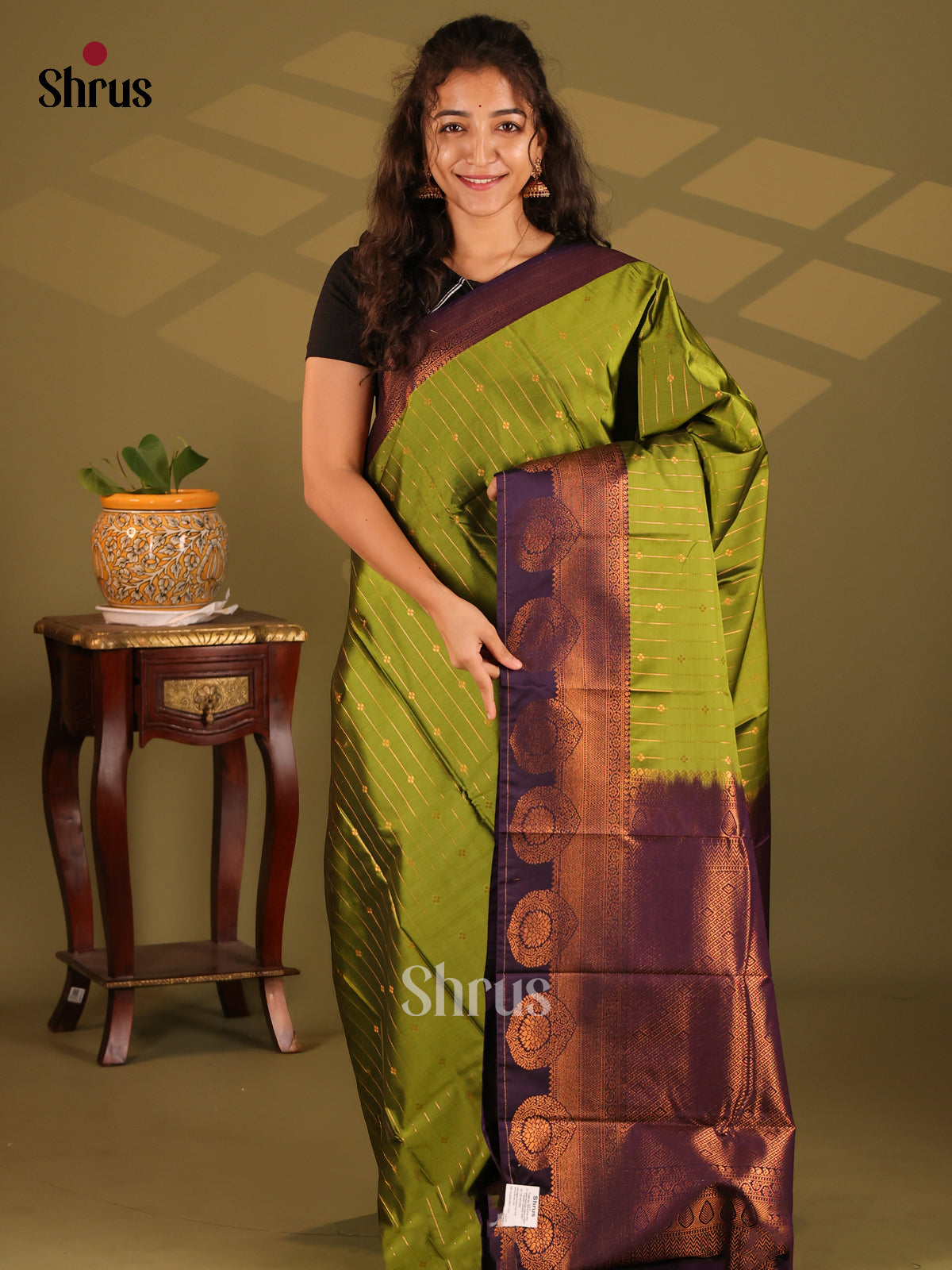 Green with Violet- Semi Kanchipuram Saree - Shop on Shrus.com