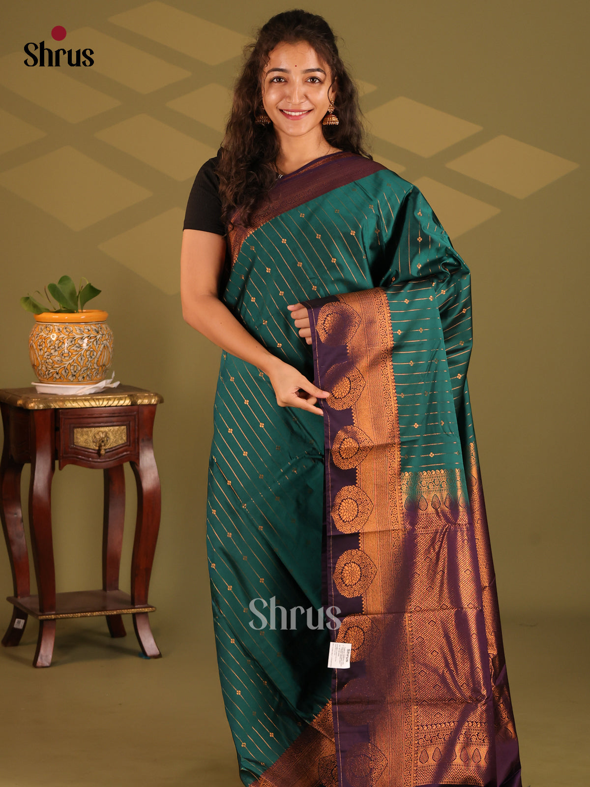 Green with Violet - Semi Kanchipuram Saree - Shop on Shrus.com