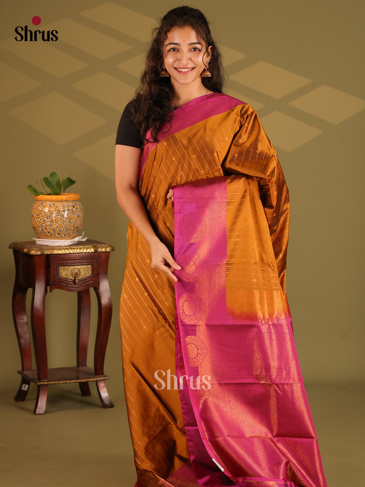 Mustard with Purple - Semi Kanchipuram Saree - Shop on Shrus.com