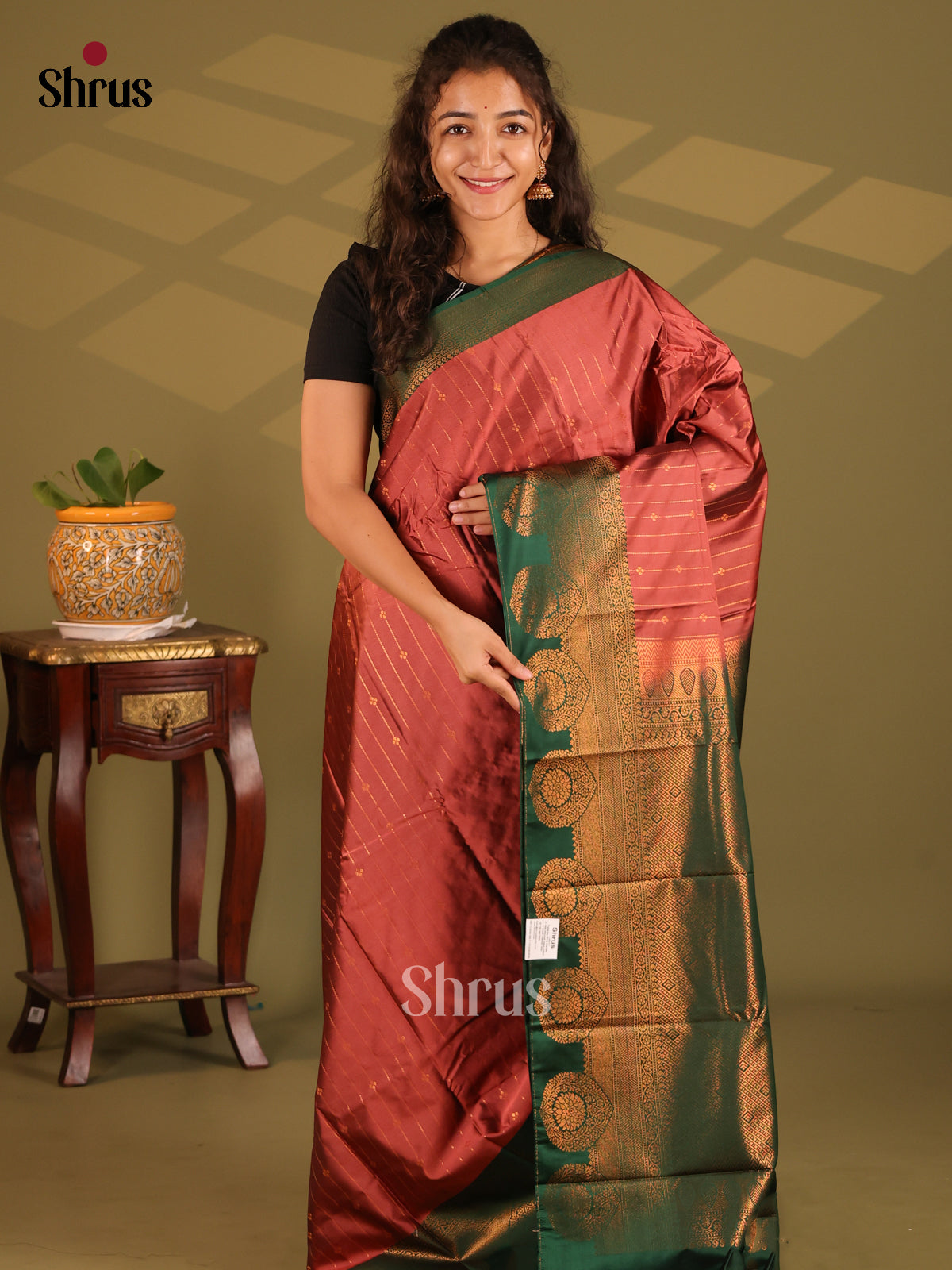 Brown with Green- Semi Kanchipuram Saree - Shop on Shrus.com