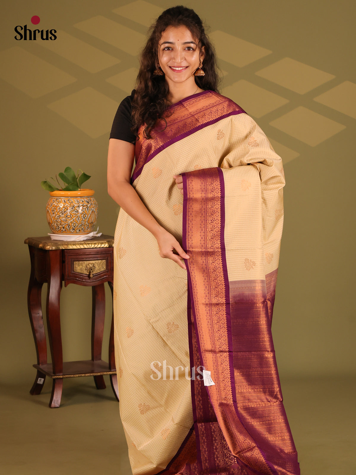 Cream with Violet- Semi Kanchipuram Saree - Shop on Shrus.com
