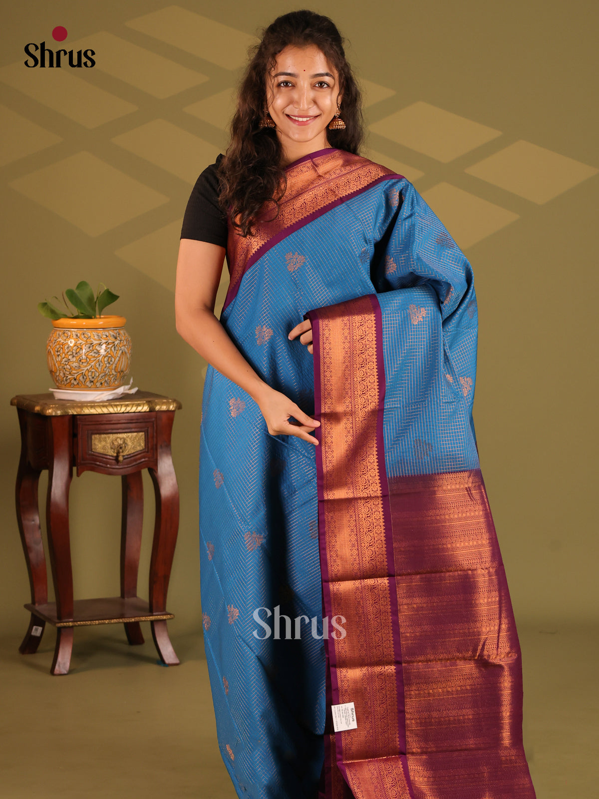 Blue with Violet- Semi Kanchipuram Saree - Shop on Shrus.com