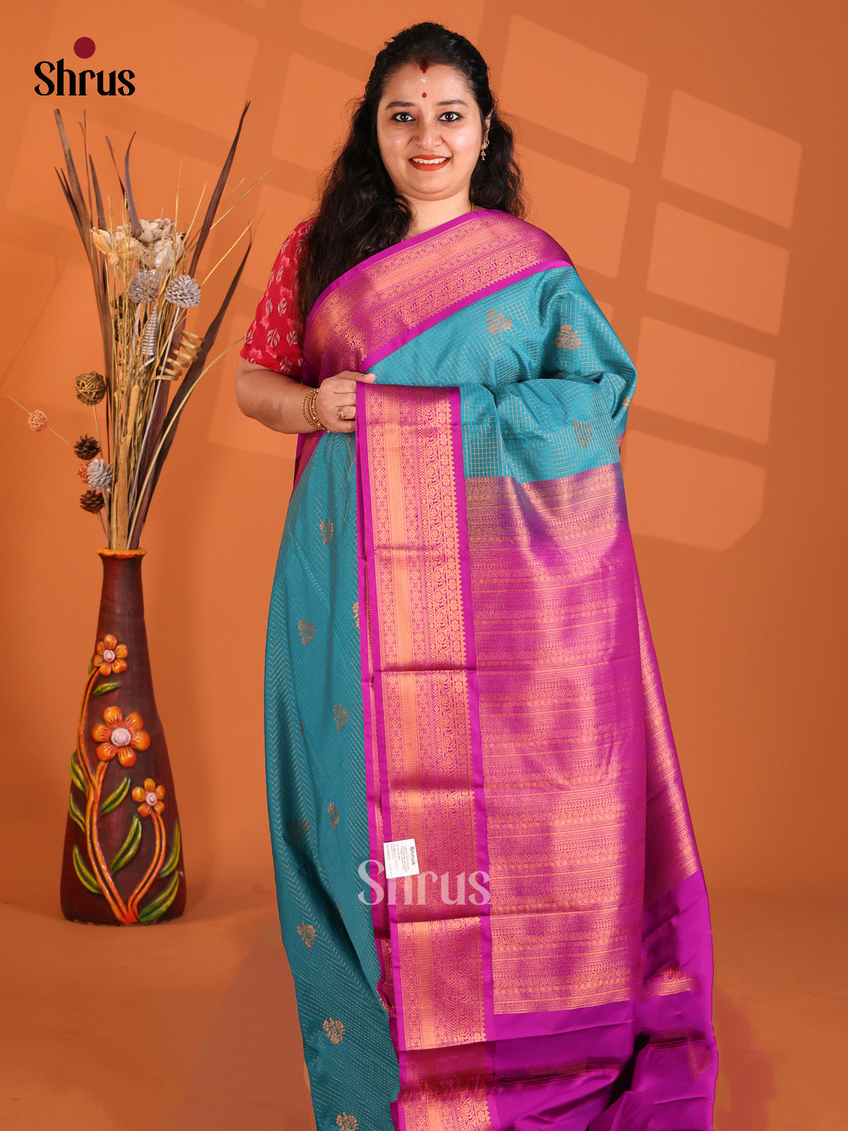 Green with Majenta - Semi Kanchipuram Saree - Shop on Shrus.com