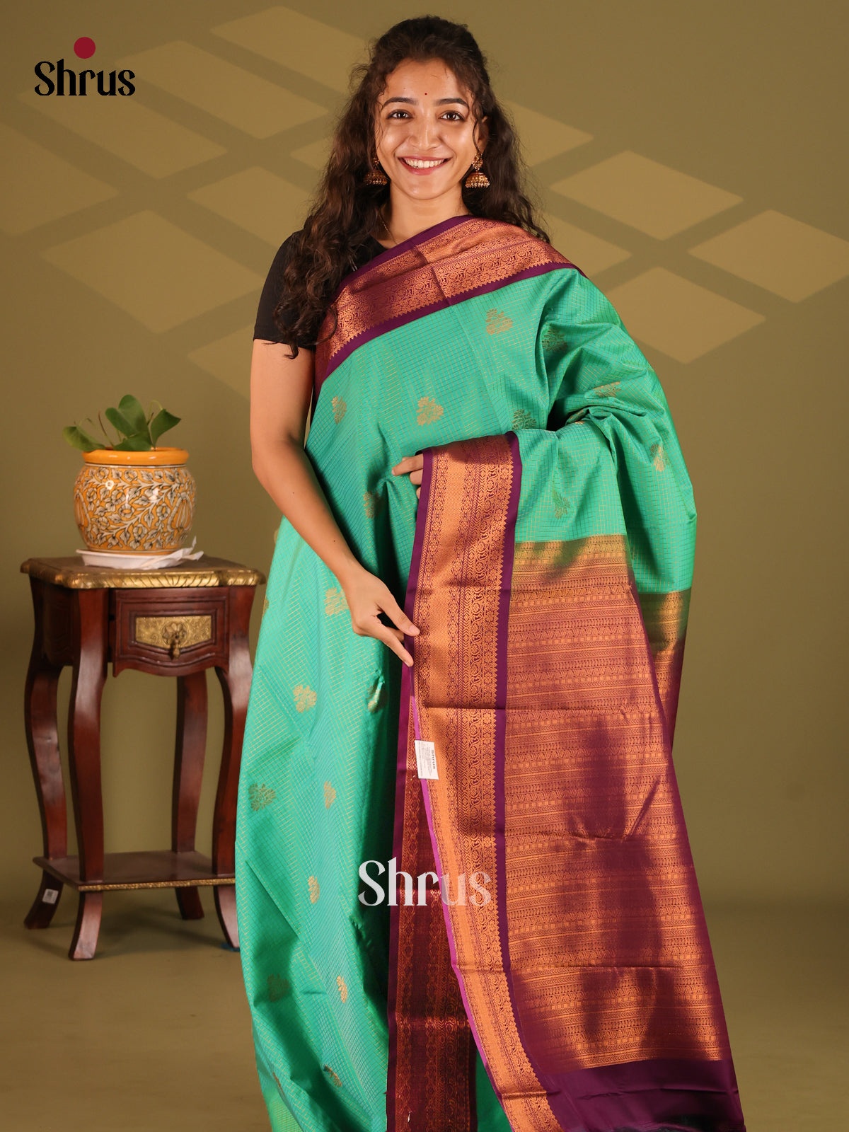 Green with Purple- Semi Kanchipuram Saree - Shop on Shrus.com