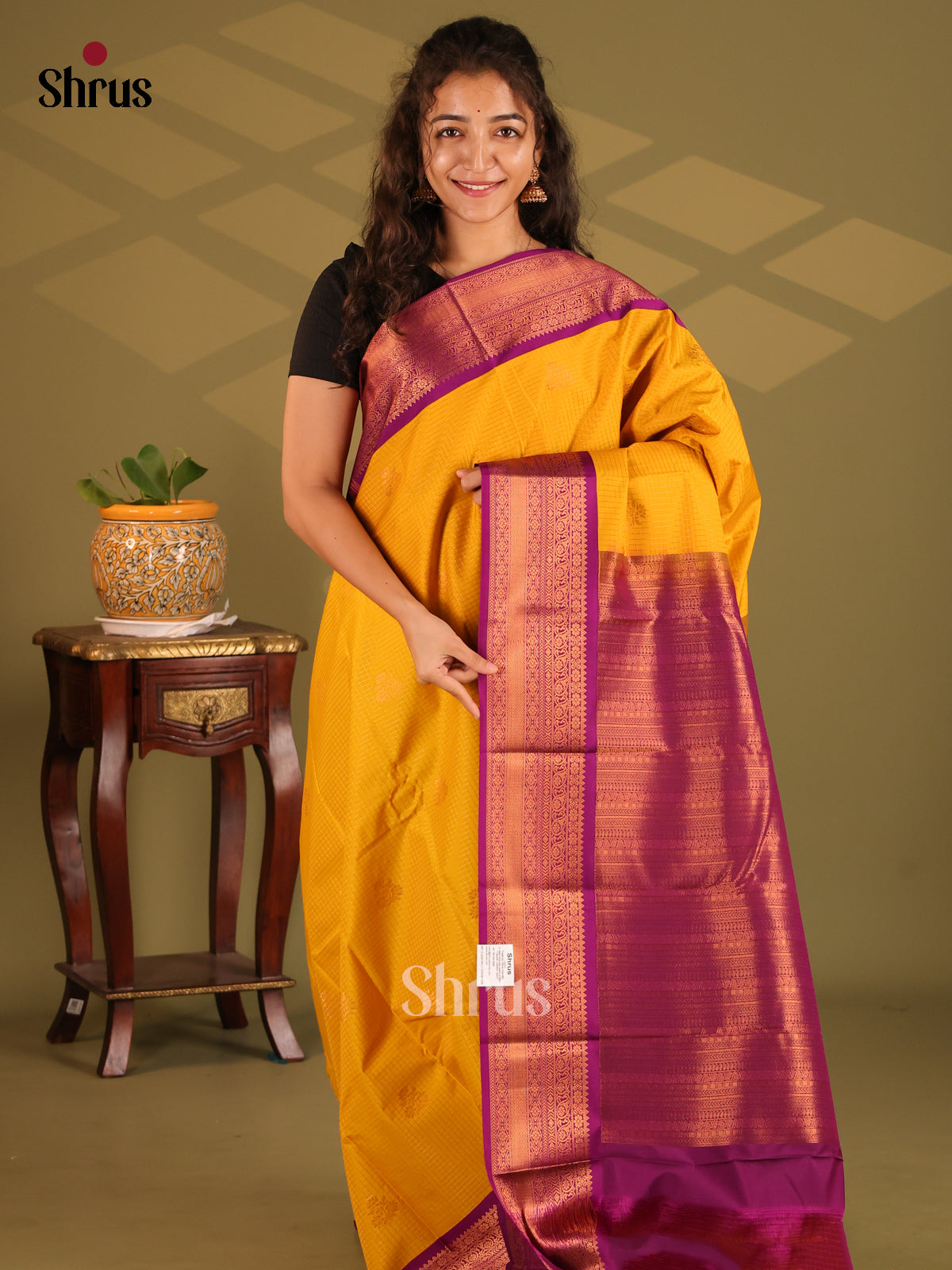 Mustard with Purple- Semi Kanchipuram Saree - Shop on Shrus.com