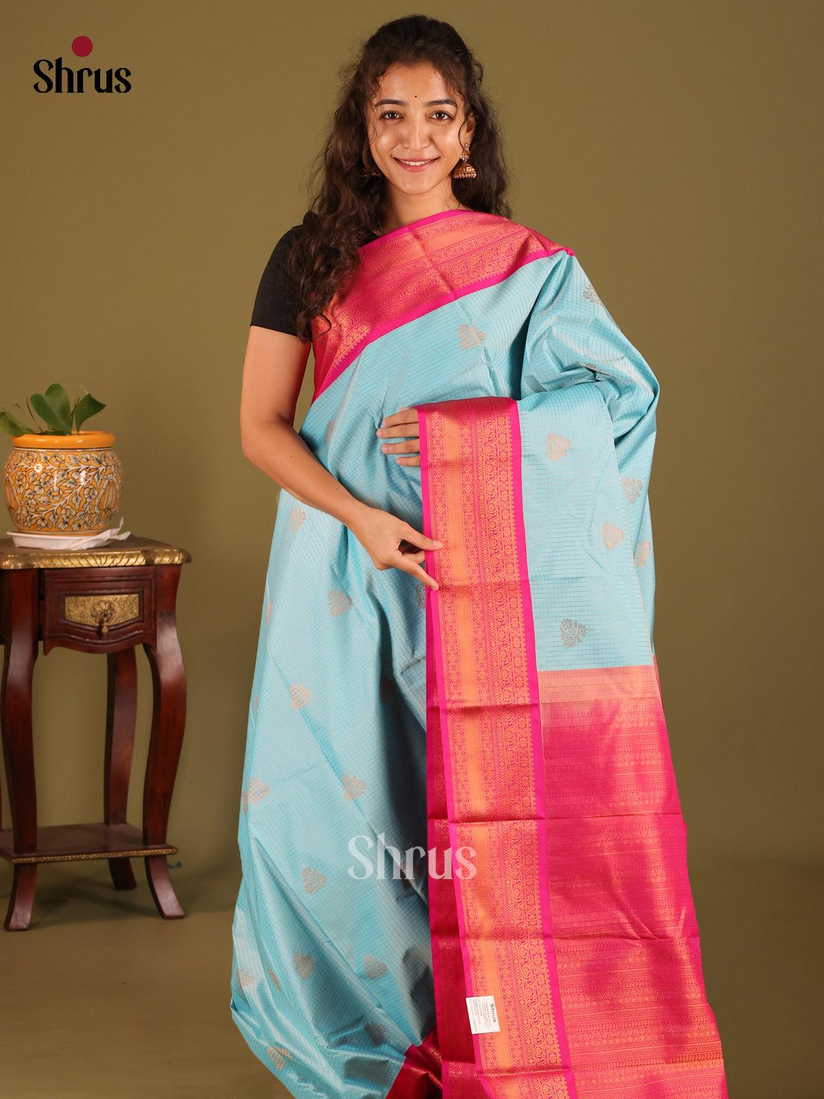 Pastel Blue with Pink - Semi Kanchipuram Saree - Shop on Shrus.com
