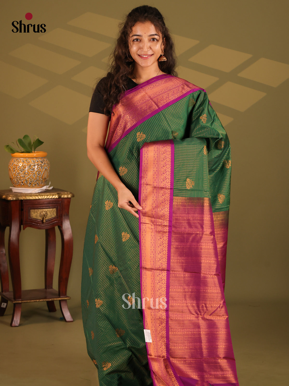Green with Majenta - Semi Kanchipuram Saree - Shop on Shrus.com