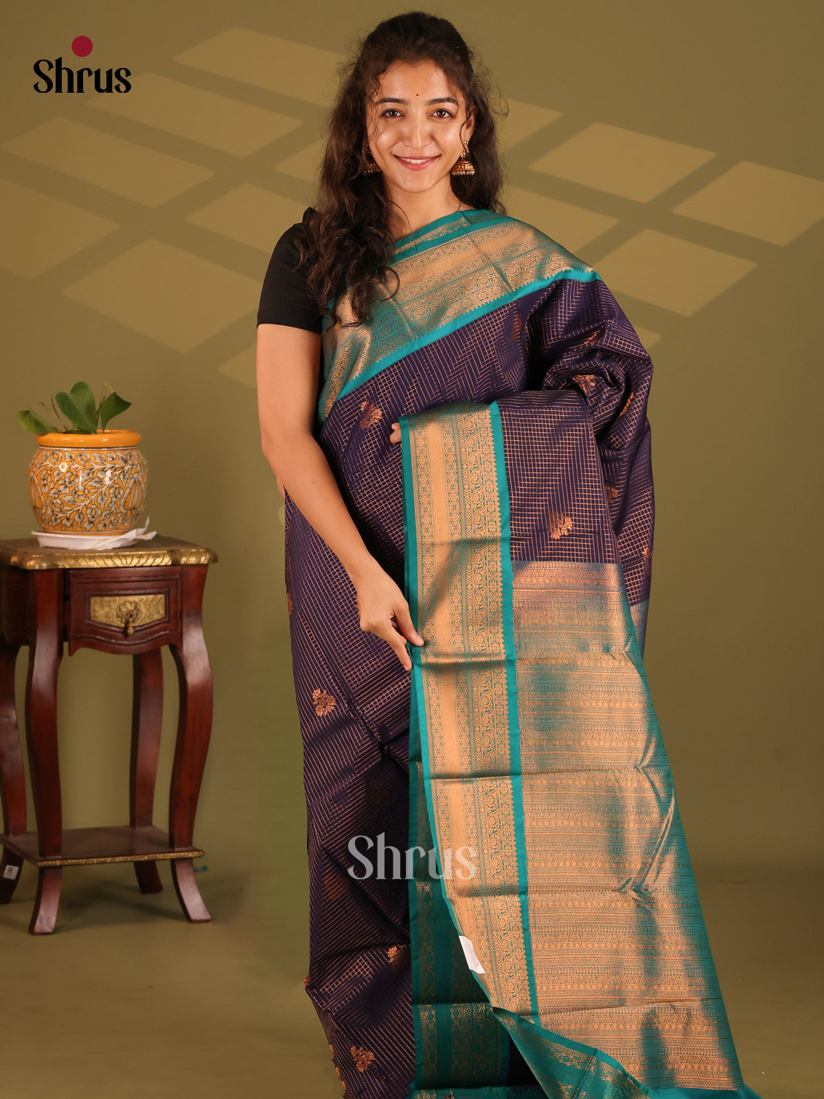 Violet with Blue - Semi Kanchipuram Saree - Shop on Shrus.com
