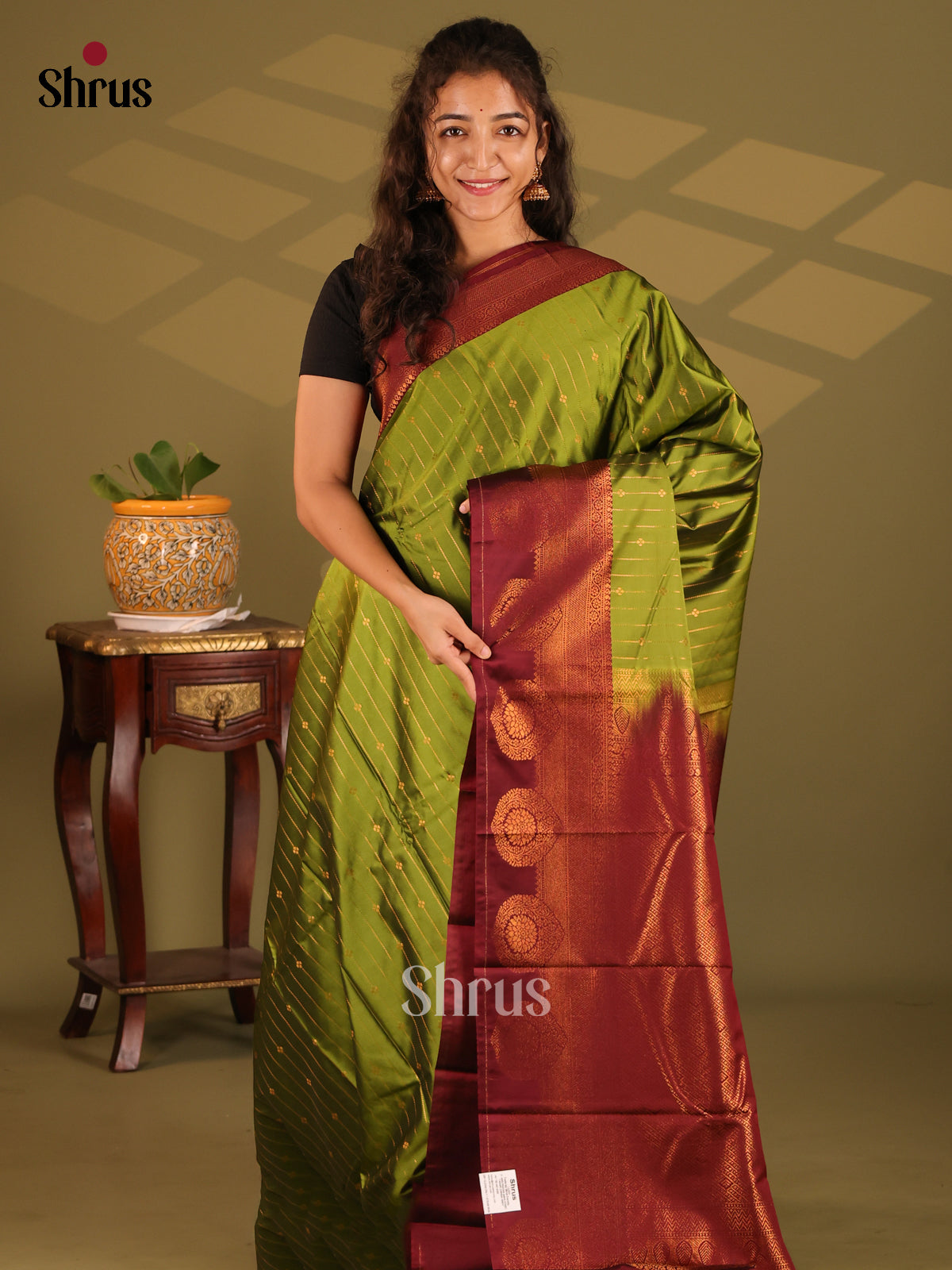 Green with Maroon- Semi Kanchipuram Saree - Shop on Shrus.com